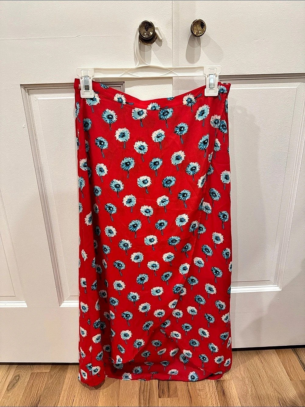J.Crew Red Dandelion Floral Faux Wrap Midi Skirt Red & Blue XXS